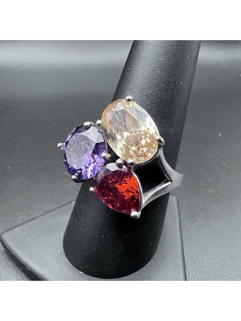 Vintage Silver Tone Mixed Cut Multicolor  Chunky Cluster Cocktail Ring Size 9